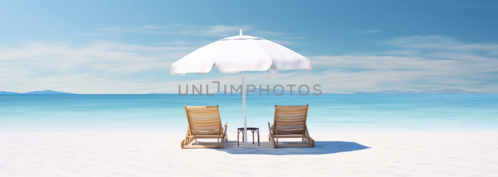 Two sun loungers under a large summer umbrella on a sandy beach by the sea