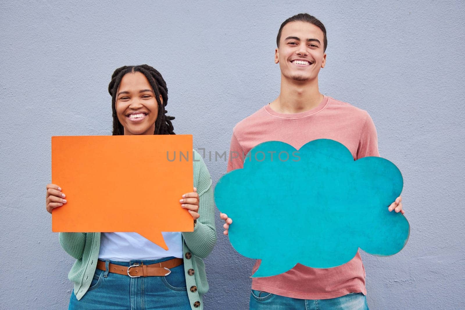 Portrait, speech bubble and couple of friends in studio for advertising, mockup and and space on grey background. Face, banner and woman with man for social networking, communication and branding.