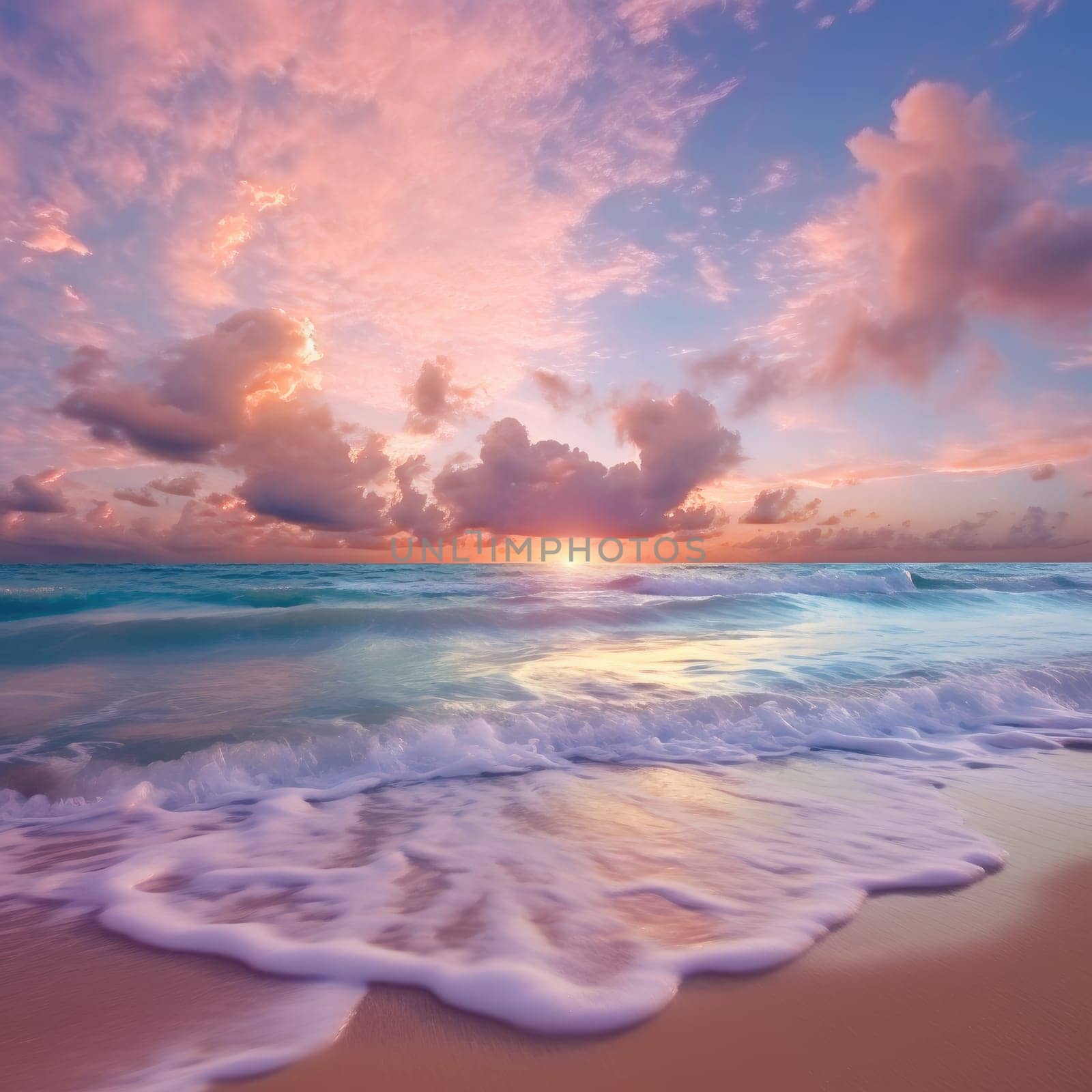 Sandy beach of the sea, sea foam, clouds and a beautiful sunset. Pink tone