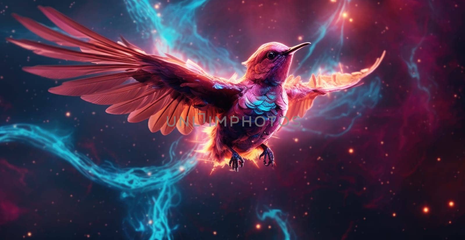 A small colorful phoenix against the background of a cluster of gallactic