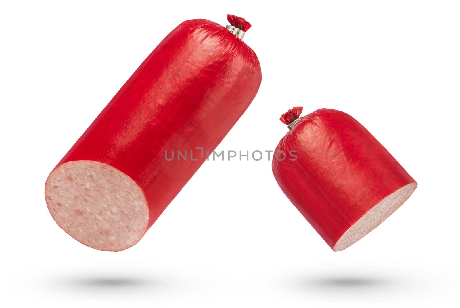 Sausage salami set on a white isolated background. A large set of hot smoked sausage salami, different ways of cutting. by SERSOL