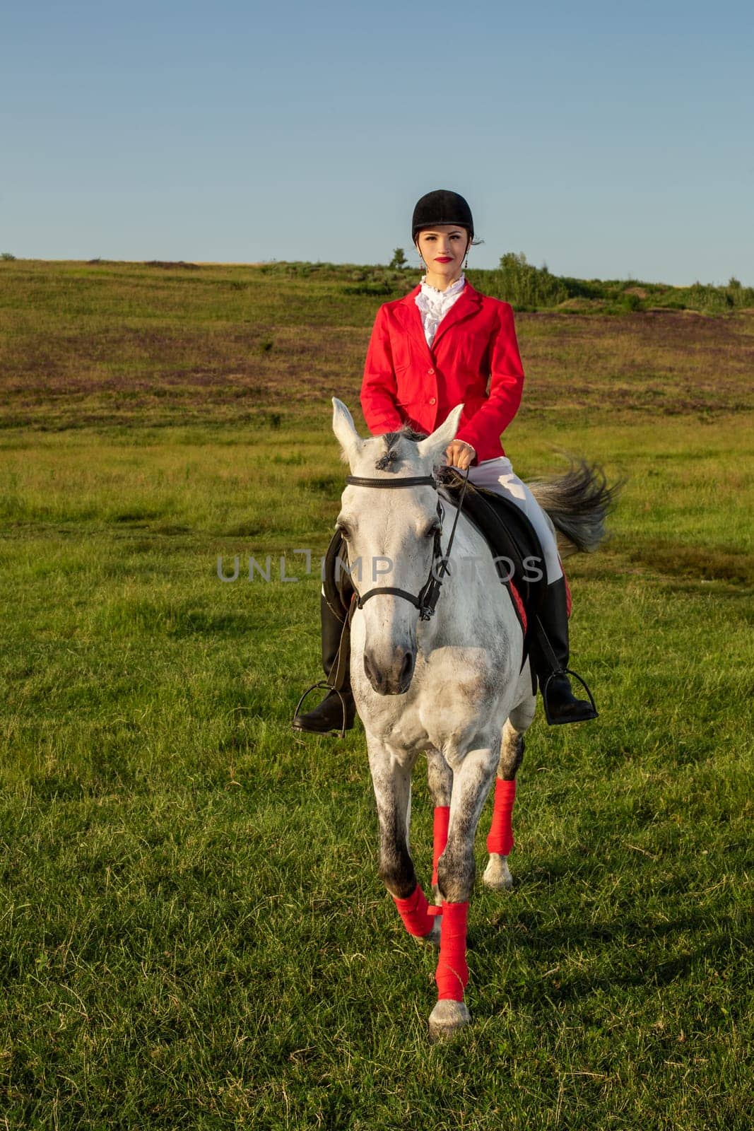 Young woman rider, wearing red redingote and white breeches, with her horse in evening sunset light. by nazarovsergey