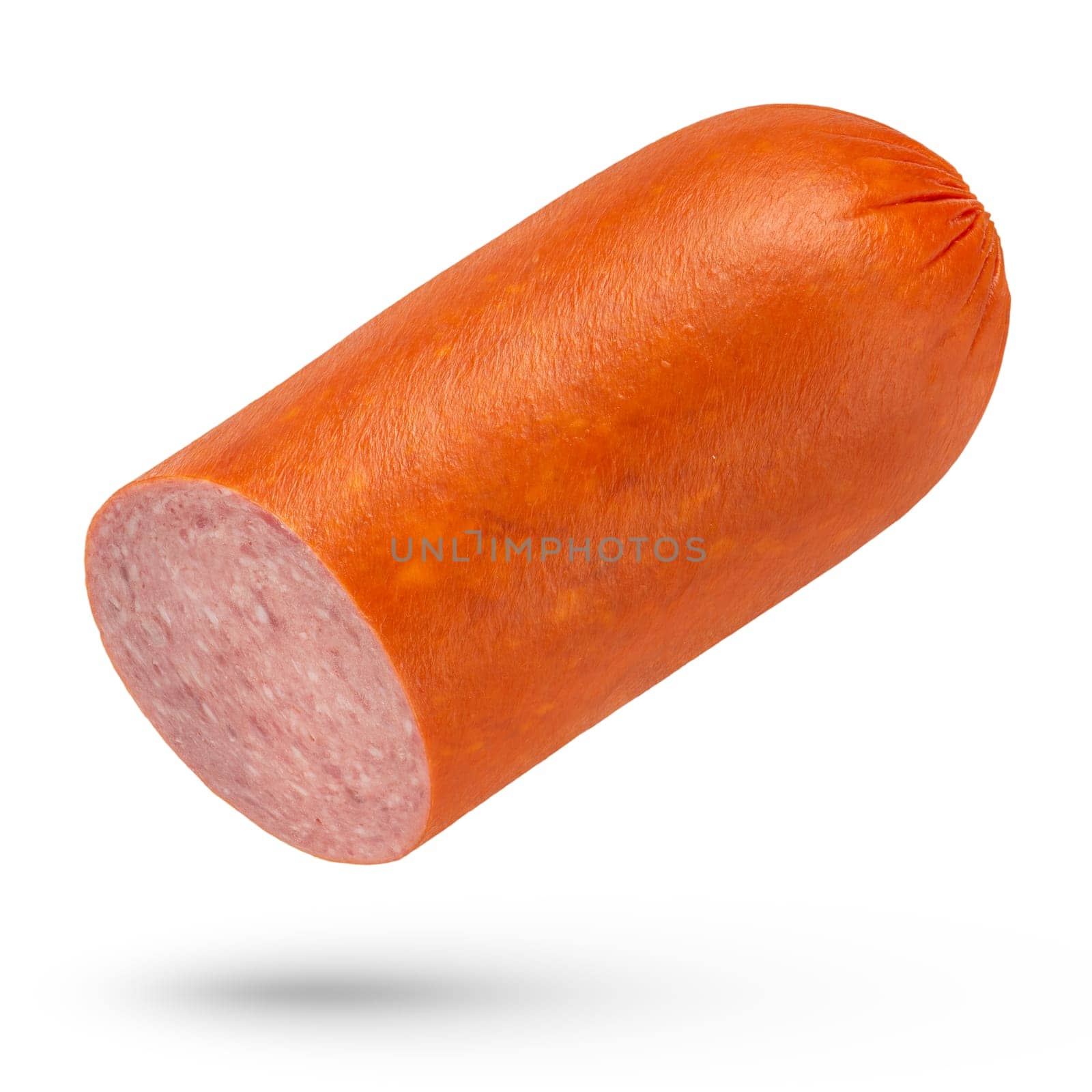 Salami sausage on a white isolated background. Hot smoked sausage, cut in half, falls on a white background. by SERSOL