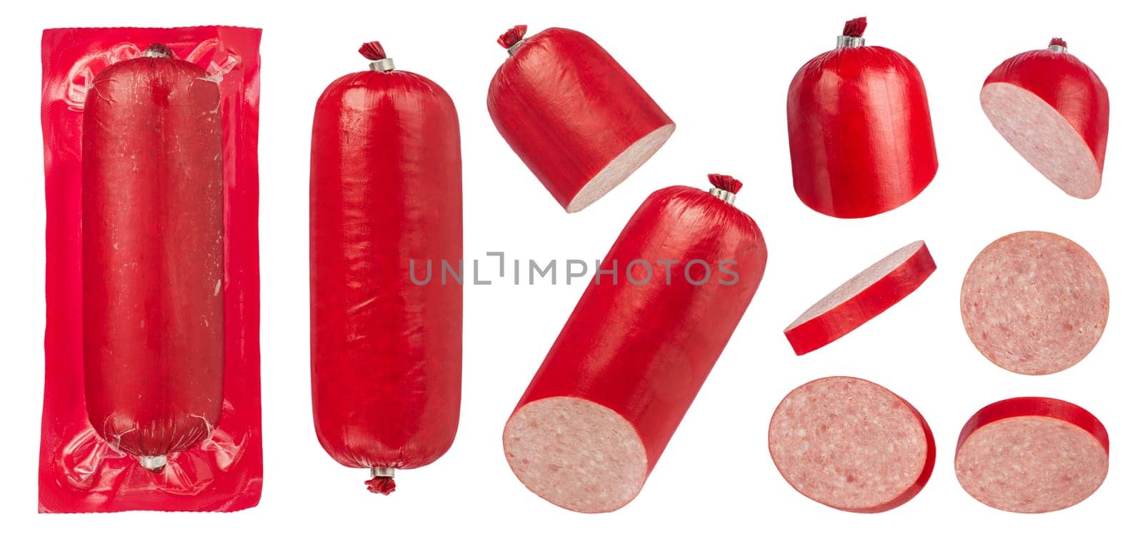 Sausage salami set on a white isolated background. A large set of hot smoked sausage salami, different ways of cutting. by SERSOL