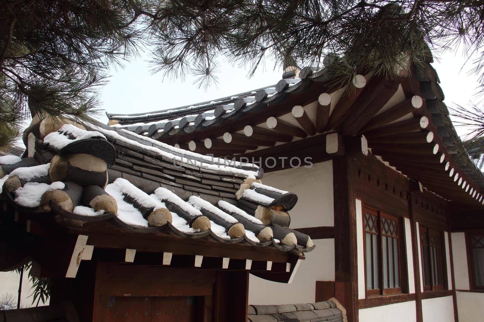 sky,tree,house,building,temple,wood,window,leisure,architecture,roof,snow,winter