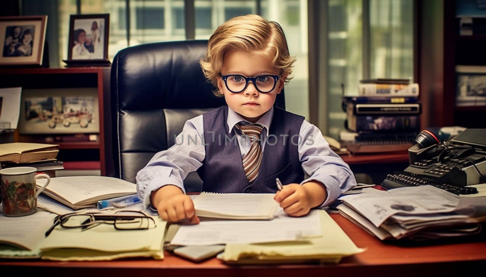 Cute little businessman in business suit working in office. calculates money. Money and savings. Finances, childhood and people. Boy wears suit and tie. Schoolboy sitting at the table. Boy with calculator acounts money. Future education funny business concept by Annebel146
