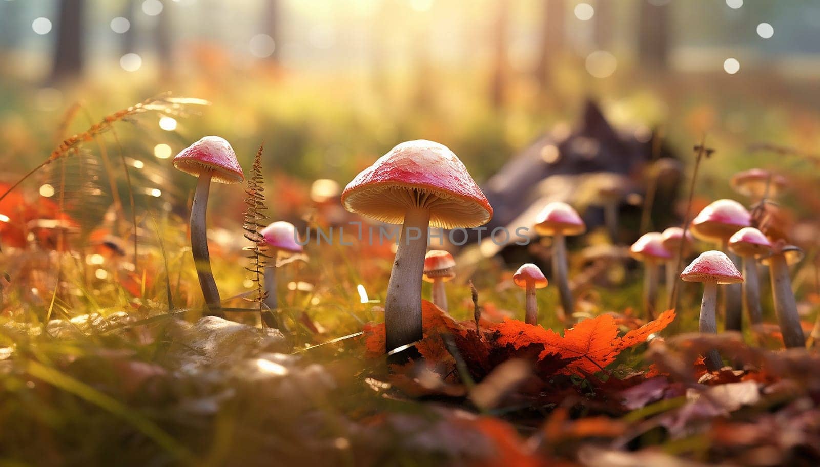 beautiful closeup of forest mushrooms in grass, autumn season. little fresh mushrooms, growing in Autumn Forest. mushrooms and leafs in forest. Mushroom picking concept. Magical colorful yellow fall background beauty