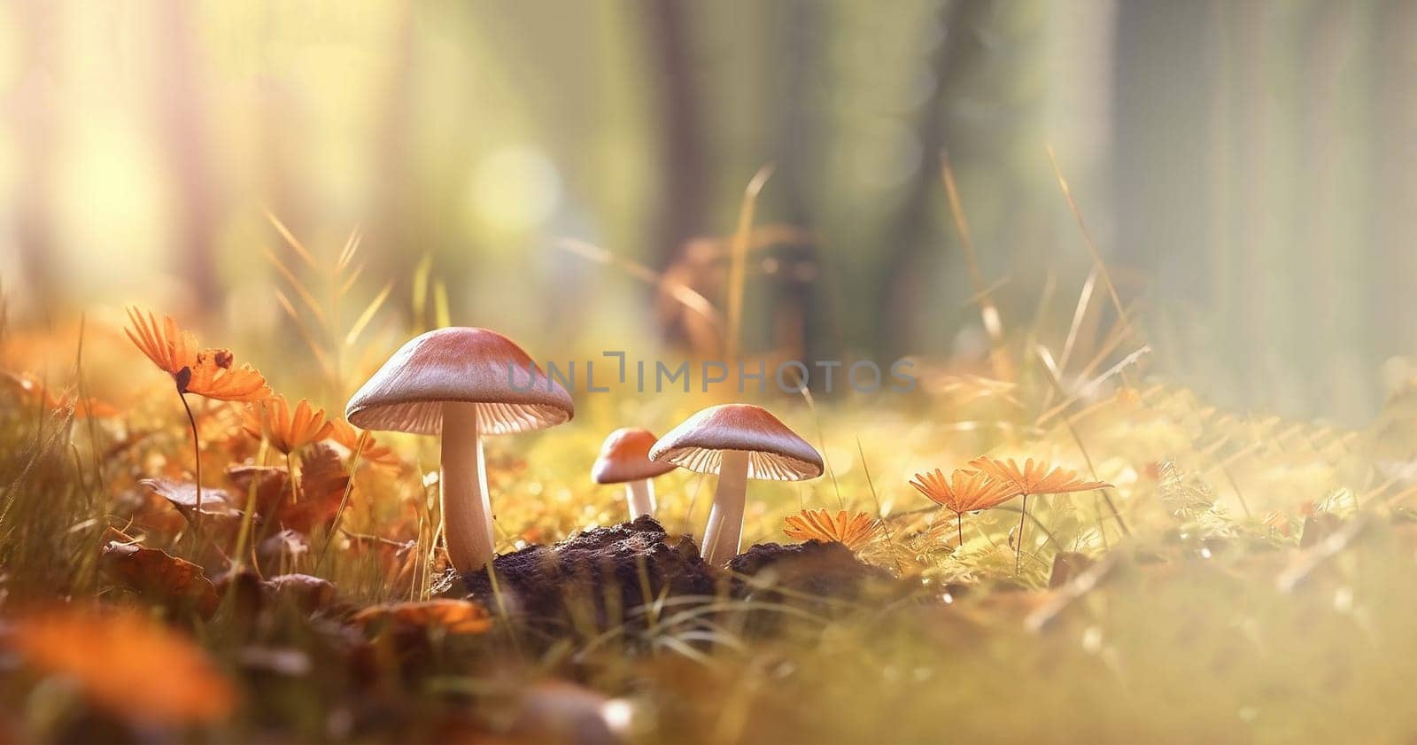 beautiful closeup of forest mushrooms in grass, autumn season. little fresh mushrooms, growing in Autumn Forest. mushrooms and leafs in forest. Mushroom picking concept. Magical colorful yellow fall background beauty