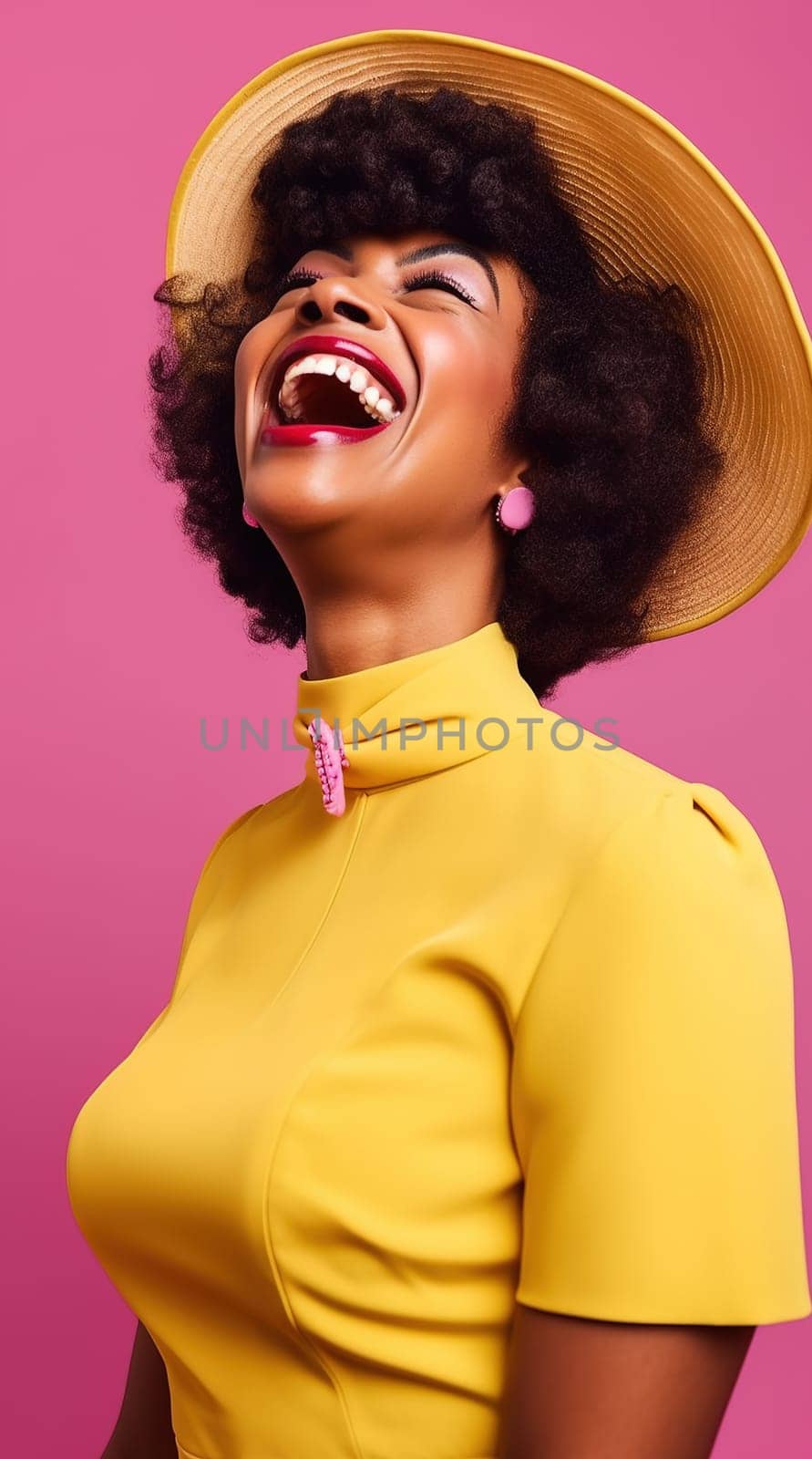 Young african american woman laughing in the studio in a yellow dress on a pink background. Generative AI by Yurich32
