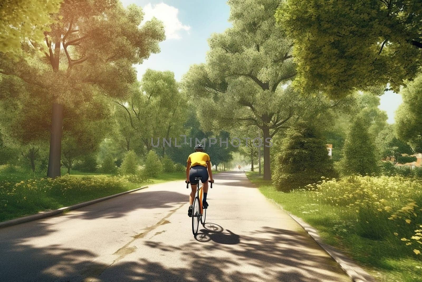 A cyclist rides in a city park. Generative AI by Yurich32