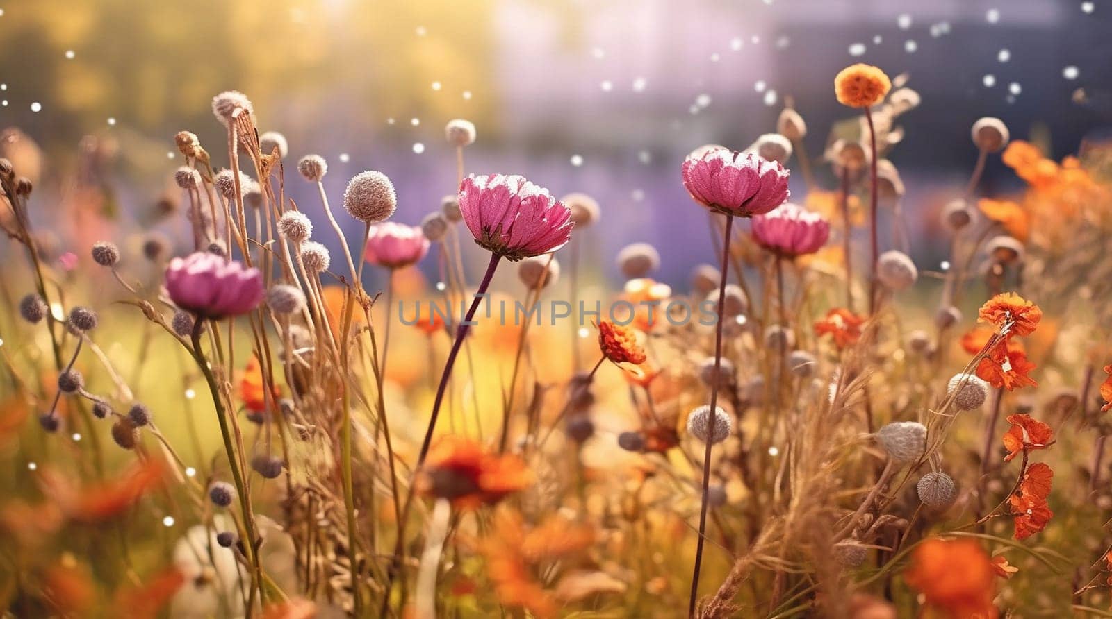 meadow flowers in early sunny fresh morning. Vintage autumn landscape background. colorful beautiful fall flowers magical