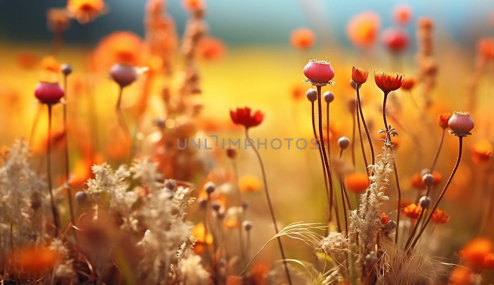 meadow flowers in early sunny fresh morning. Vintage autumn landscape background. colorful beautiful fall flowers by Annebel146