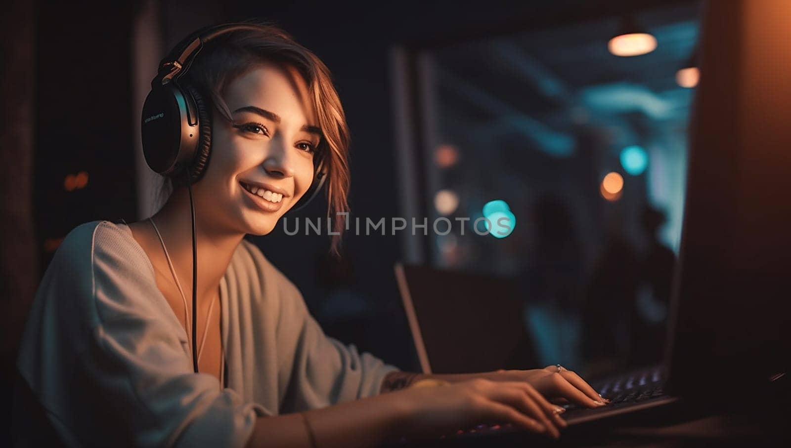 Excited Gamer Girl in Headset with a Mic Playing Online Video Game on Her Personal Computer. She Talks to Other Players. Room and PC have Colorful Warm Neon Led Lights. Cozy Evening at Home. by Annebel146