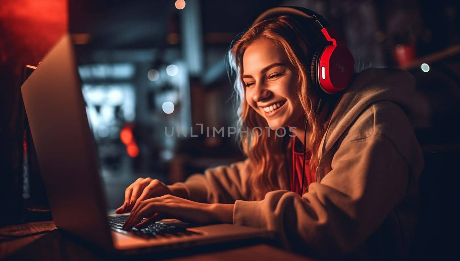 Excited Gamer Girl in Headset with a Mic Playing Online Video Game on Her Personal Computer. She Talks to Other Players. Room and PC have Colorful Warm Neon Led Lights. Cozy Evening at Home. woman