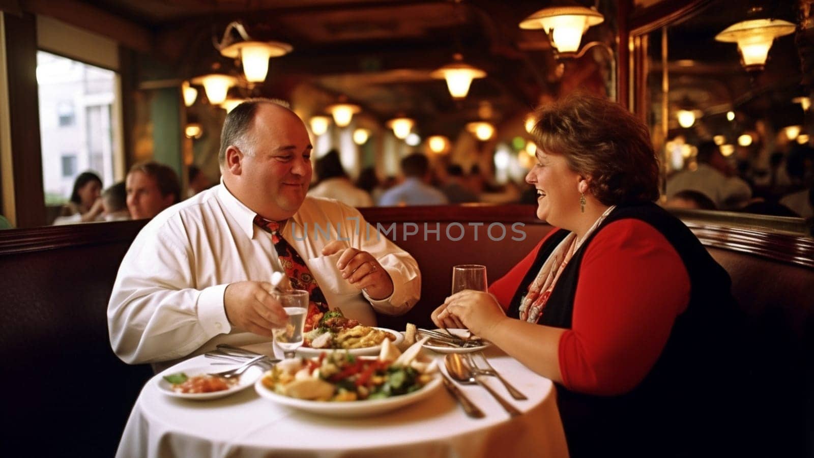 Beautiful overweight Couple Dating in Restaurant. Romantic Couple in Love Dating. Cutel Man and Girl in a Restaurant Making Order. Romantic Concept. having fun fat perspn