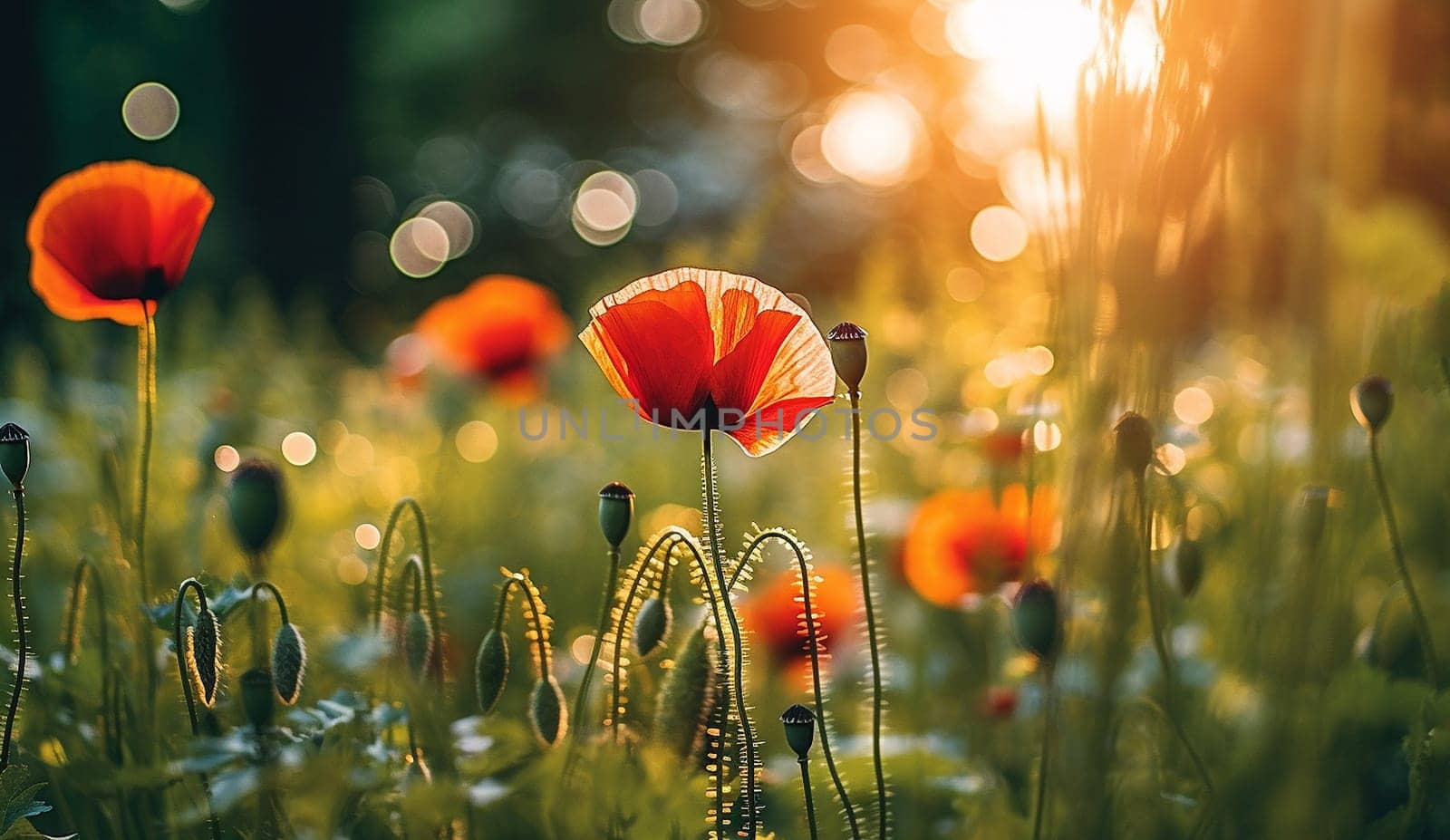 Bright poppy flowers against colorful sky. Field of wild poppies on a sunny spring day. Floral banner. Red poppy as a symbol of the memory of the victims of the war. morning sunlight. Magical landscape beauty