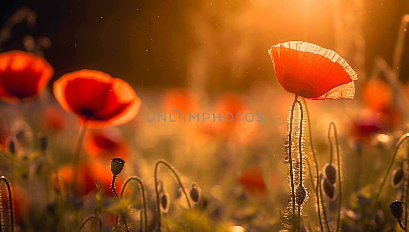 Bright poppy flowers against colorful sky. Field of wild poppies on a sunny spring day. Floral banner. Red poppy as a symbol of the memory of the victims of the war. morning sunlight. Magical landscape beauty