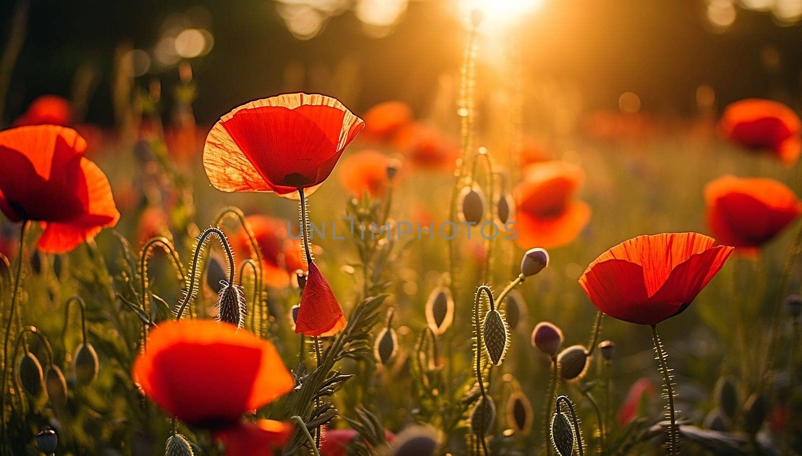 Bright poppy flowers against colorful sky. Field of wild poppies on a sunny spring day. Floral banner. Red poppy as a symbol of the memory of the victims of the war. morning sunlight. Magical landscape beauty