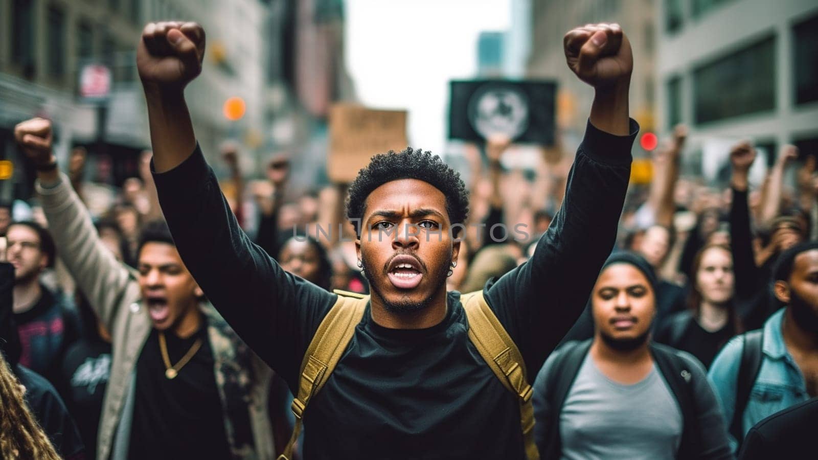 Black lives matter activist movement protesting against racism and fighting for equality Demonstrators from different cultures and race protest on street for justice and equal rights by Annebel146