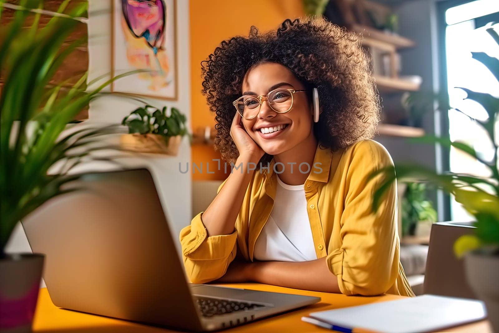 A beautiful girl with a smile on her face communicates with colleagues online, on a laptop. Generative AI. High quality illustration