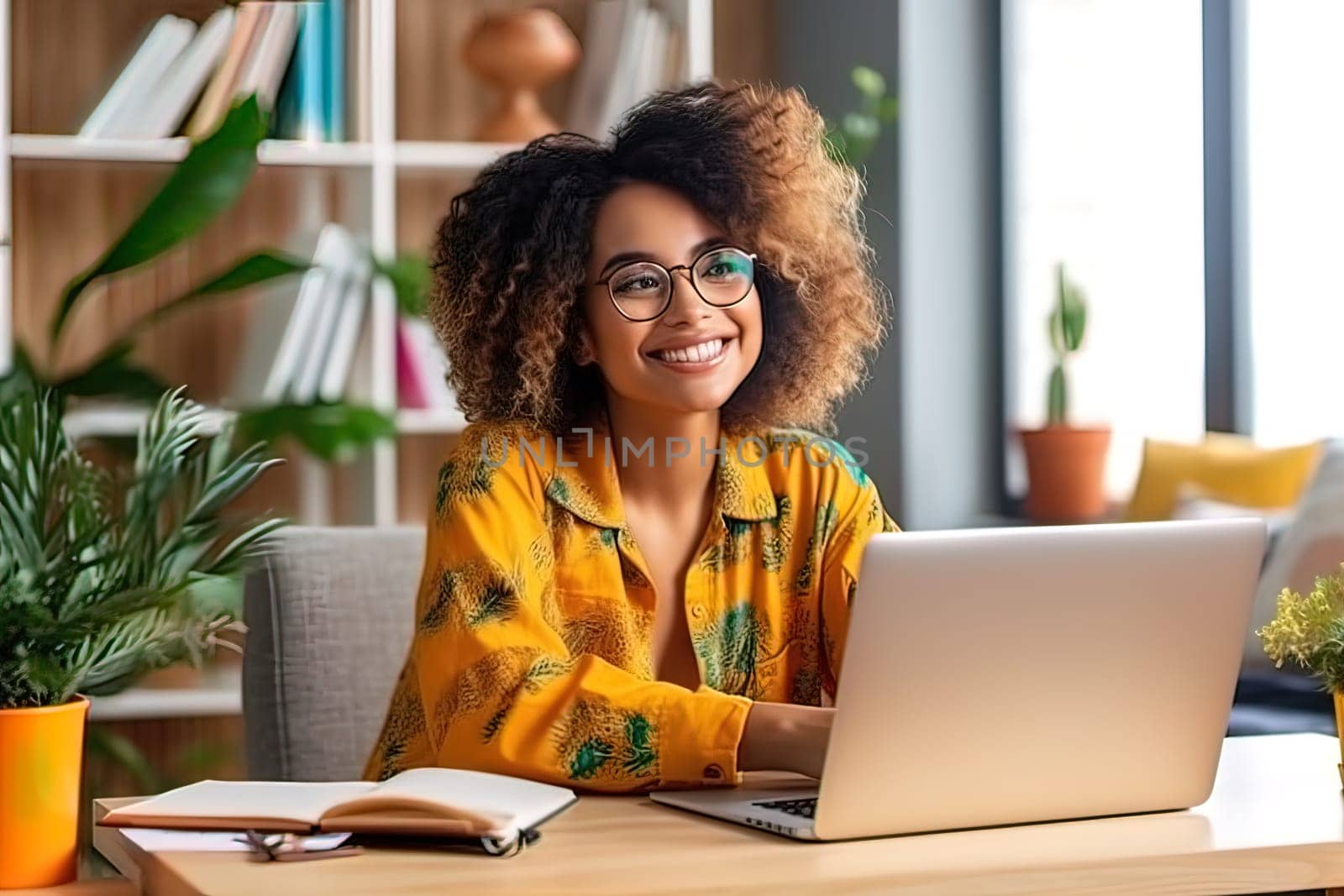 A beautiful girl with a smile on her face communicates with colleagues online, on a laptop. Generative AI. High quality illustration