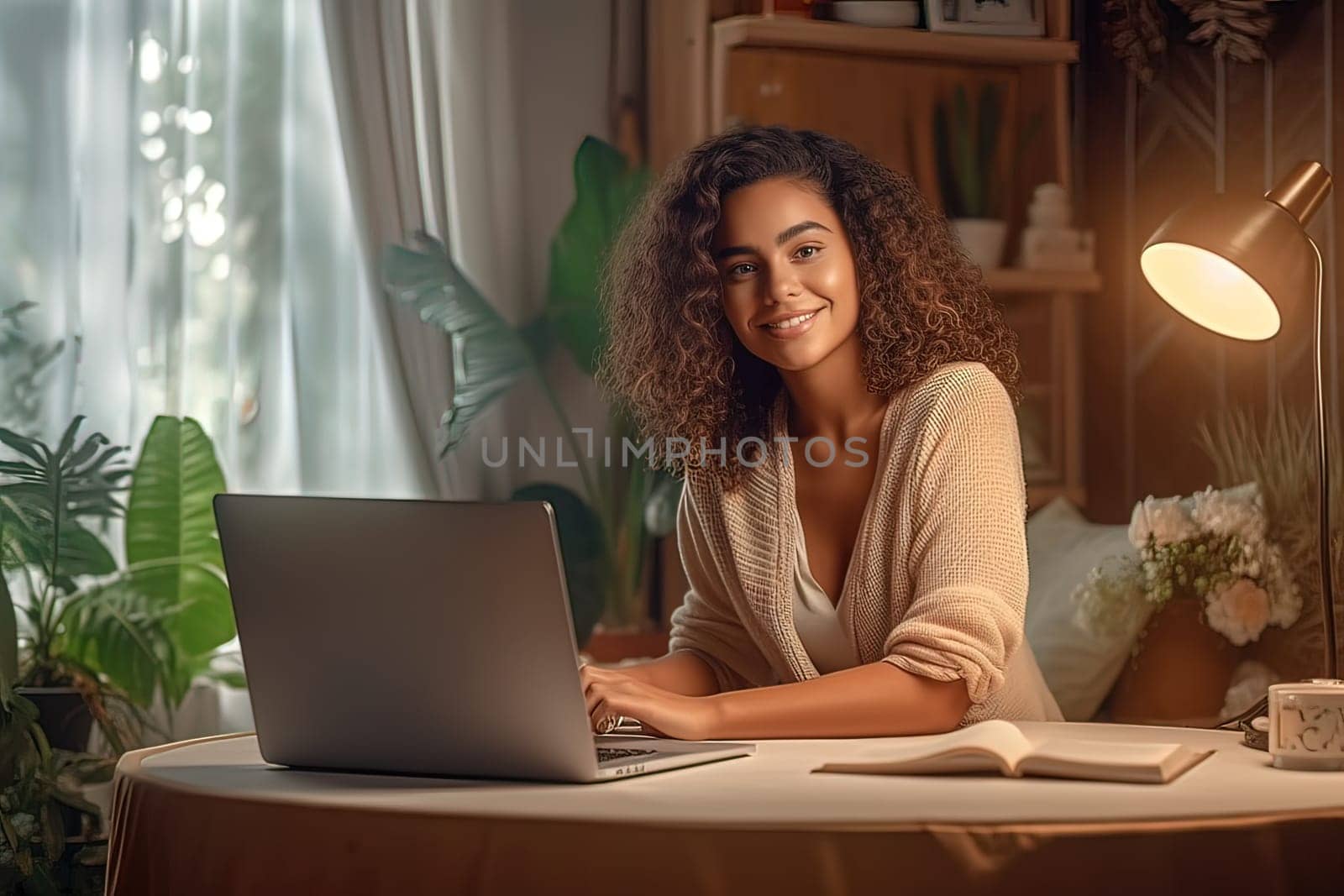 A beautiful girl with a smile on her face communicates with colleagues online, on a laptop. Generative AI by Yurich32