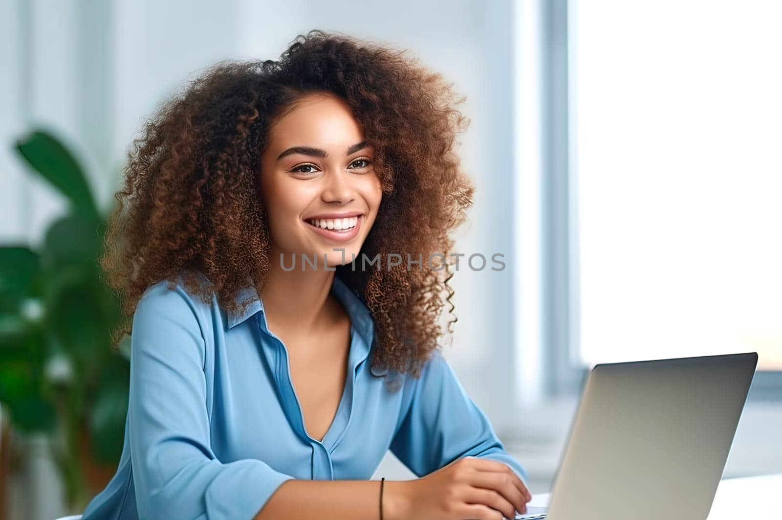 A beautiful girl with a smile on her face communicates with colleagues online, on a laptop. Generative AI. High quality illustration