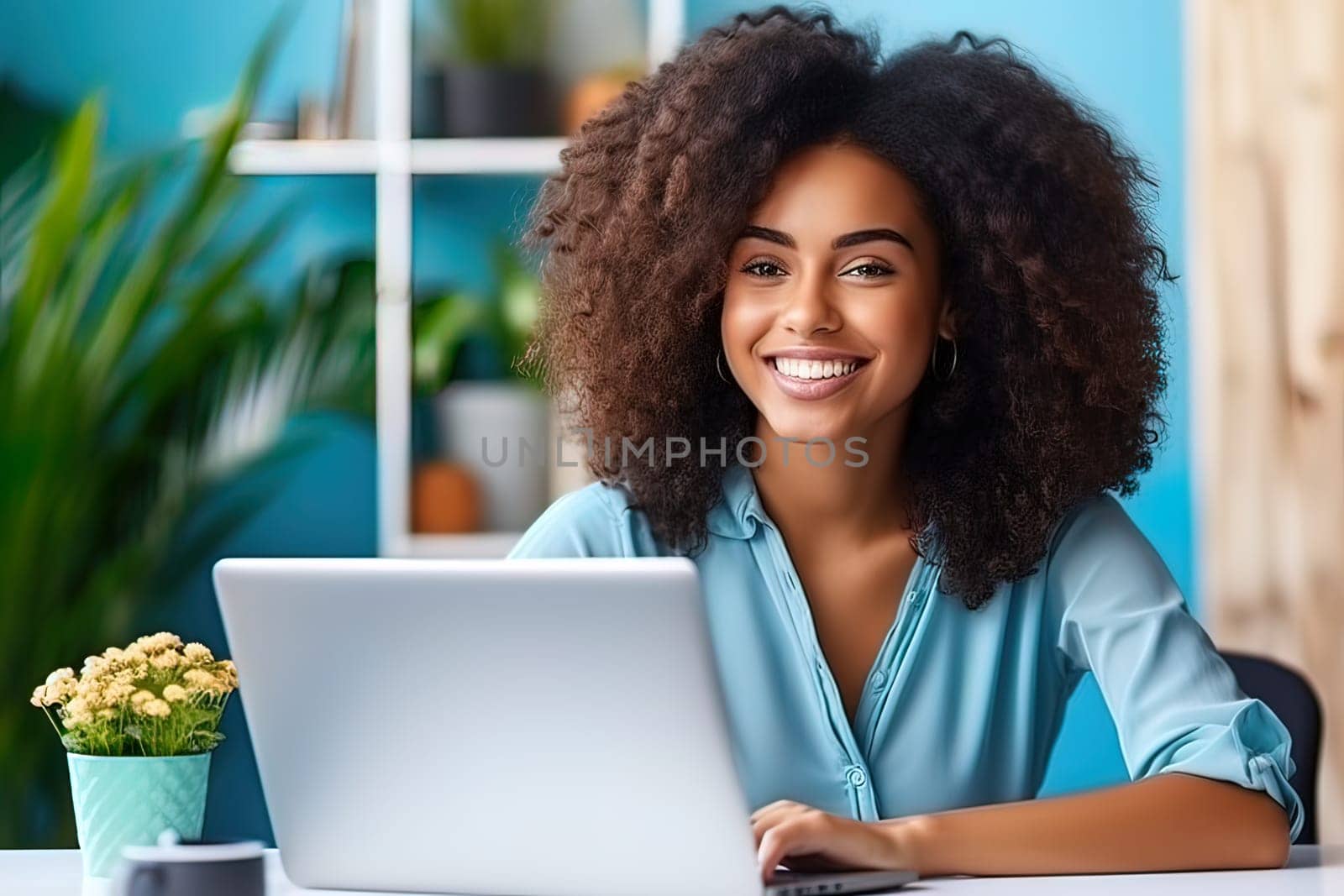 A beautiful girl with a smile on her face communicates with colleagues online, on a laptop. Generative AI. High quality illustration