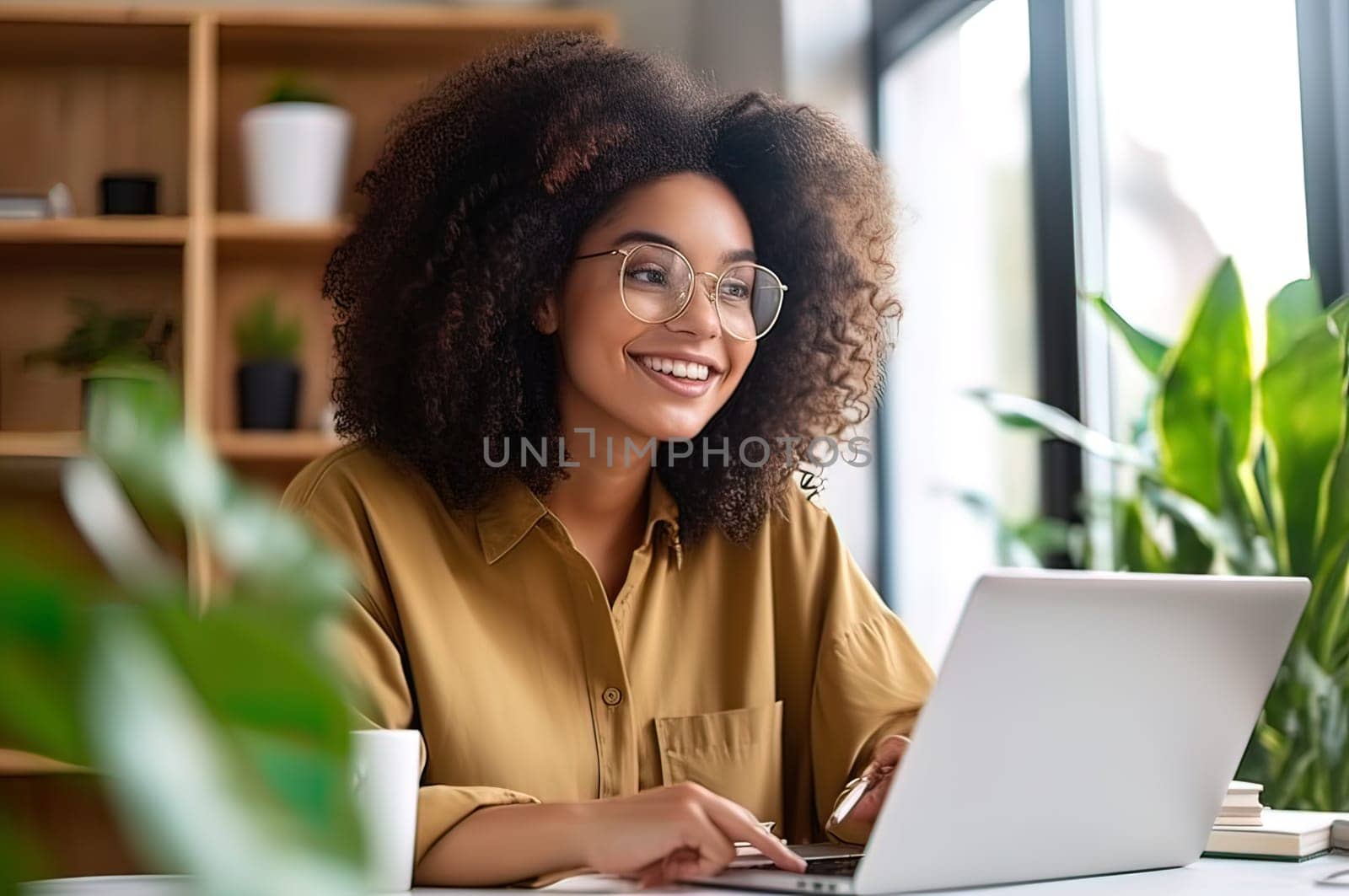 A beautiful girl with a smile on her face communicates with colleagues online, on a laptop. Generative AI. High quality illustration