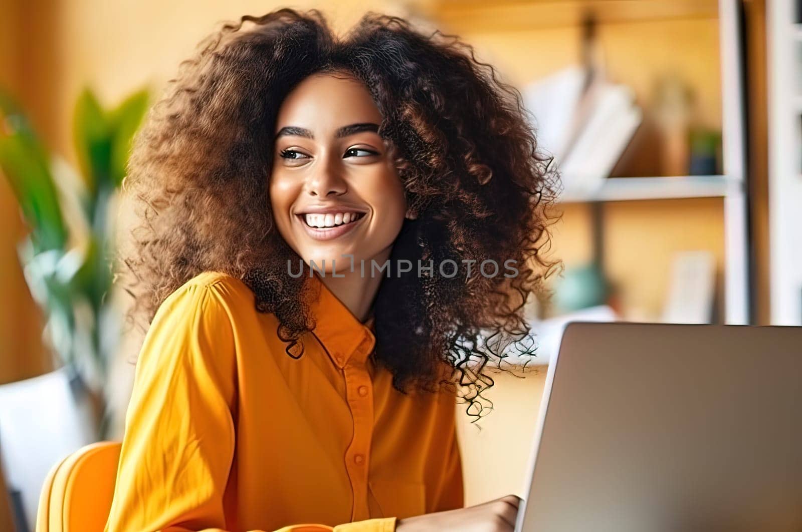 A beautiful girl with a smile on her face communicates with colleagues online, on a laptop. Generative AI by Yurich32