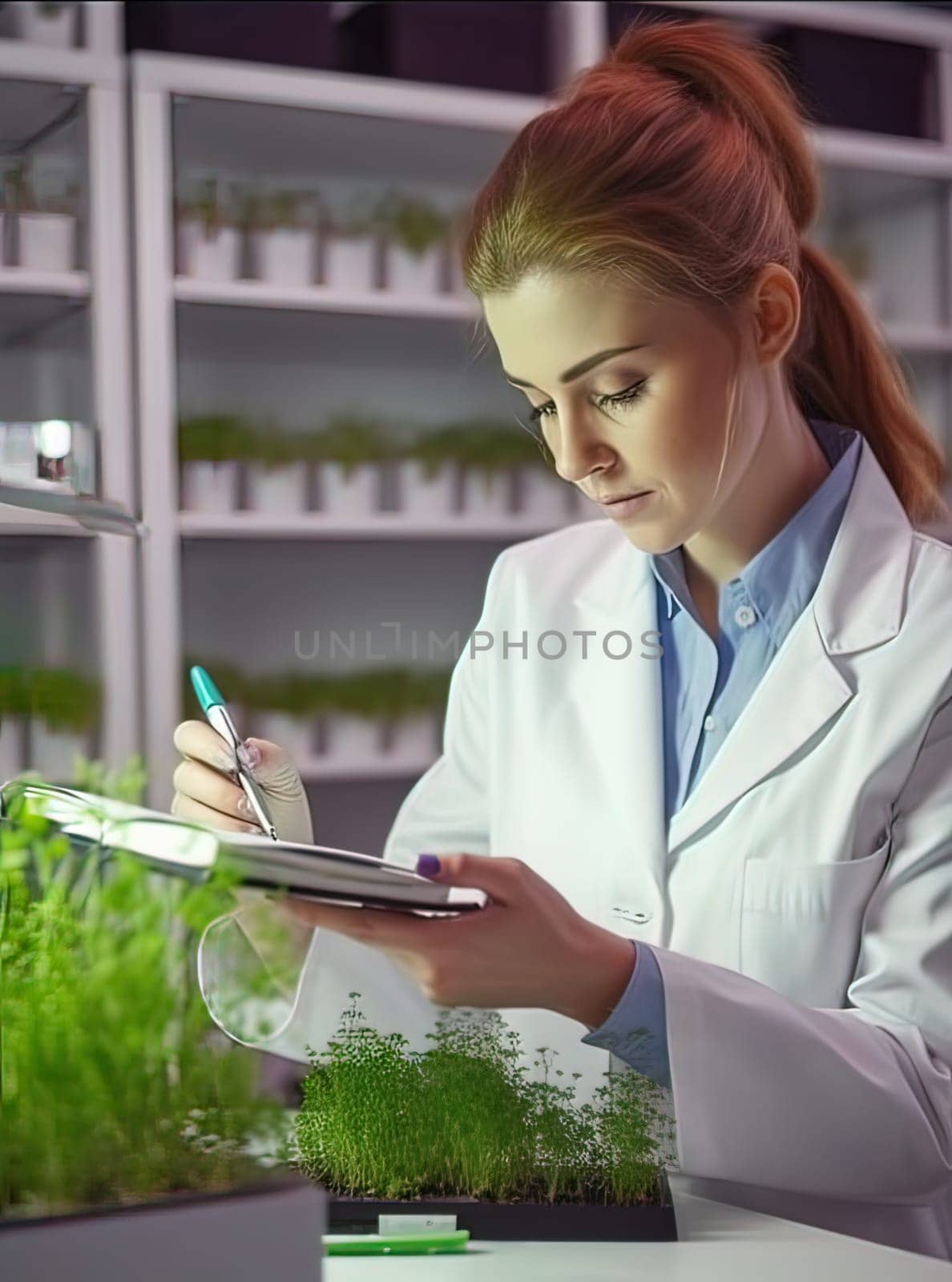 Biologist woman researching microgreens in the laboratory. Generative AI. High quality illustration