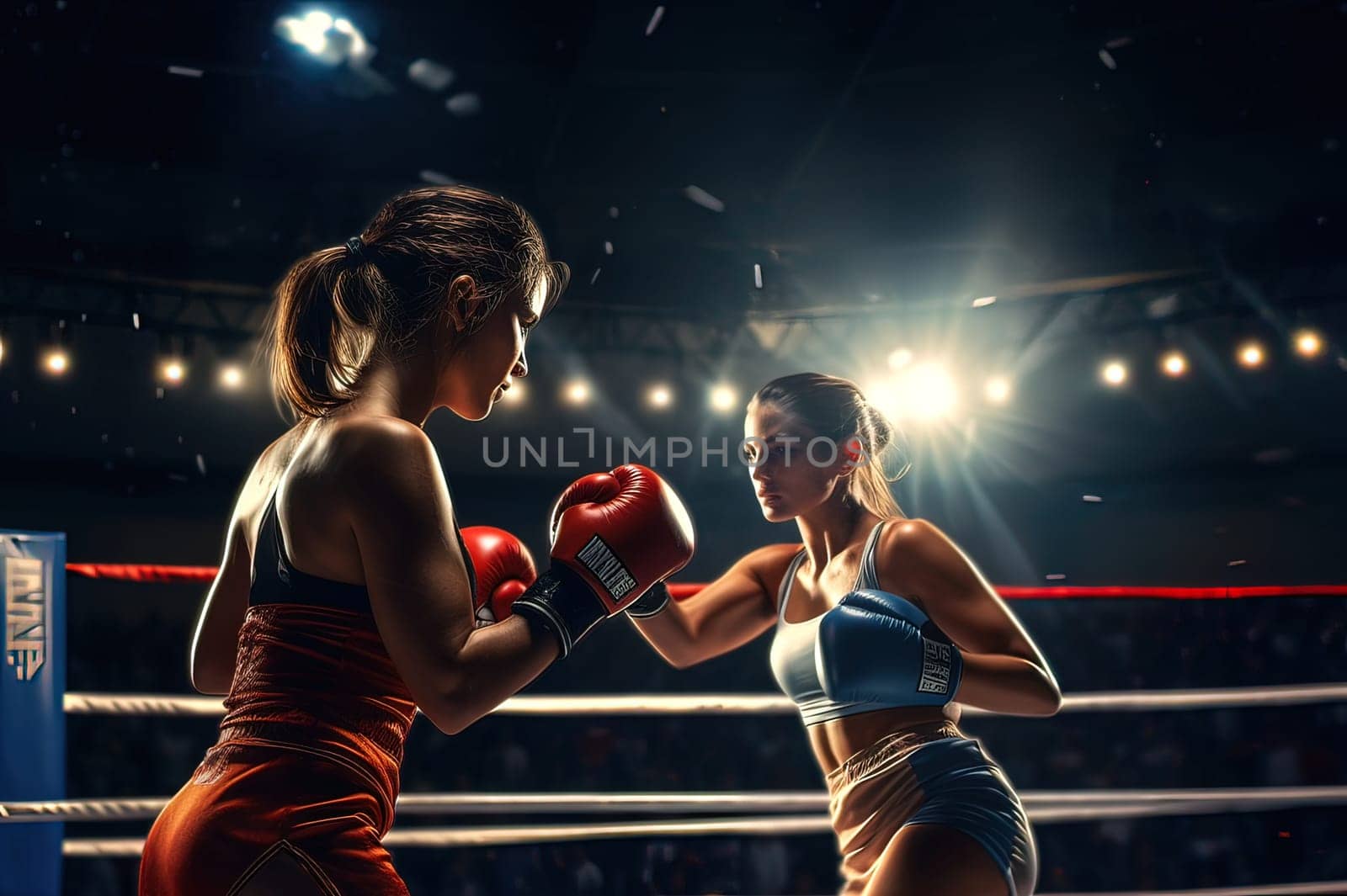 Girl boxer trains in the boxing gym. Generative AI by Yurich32