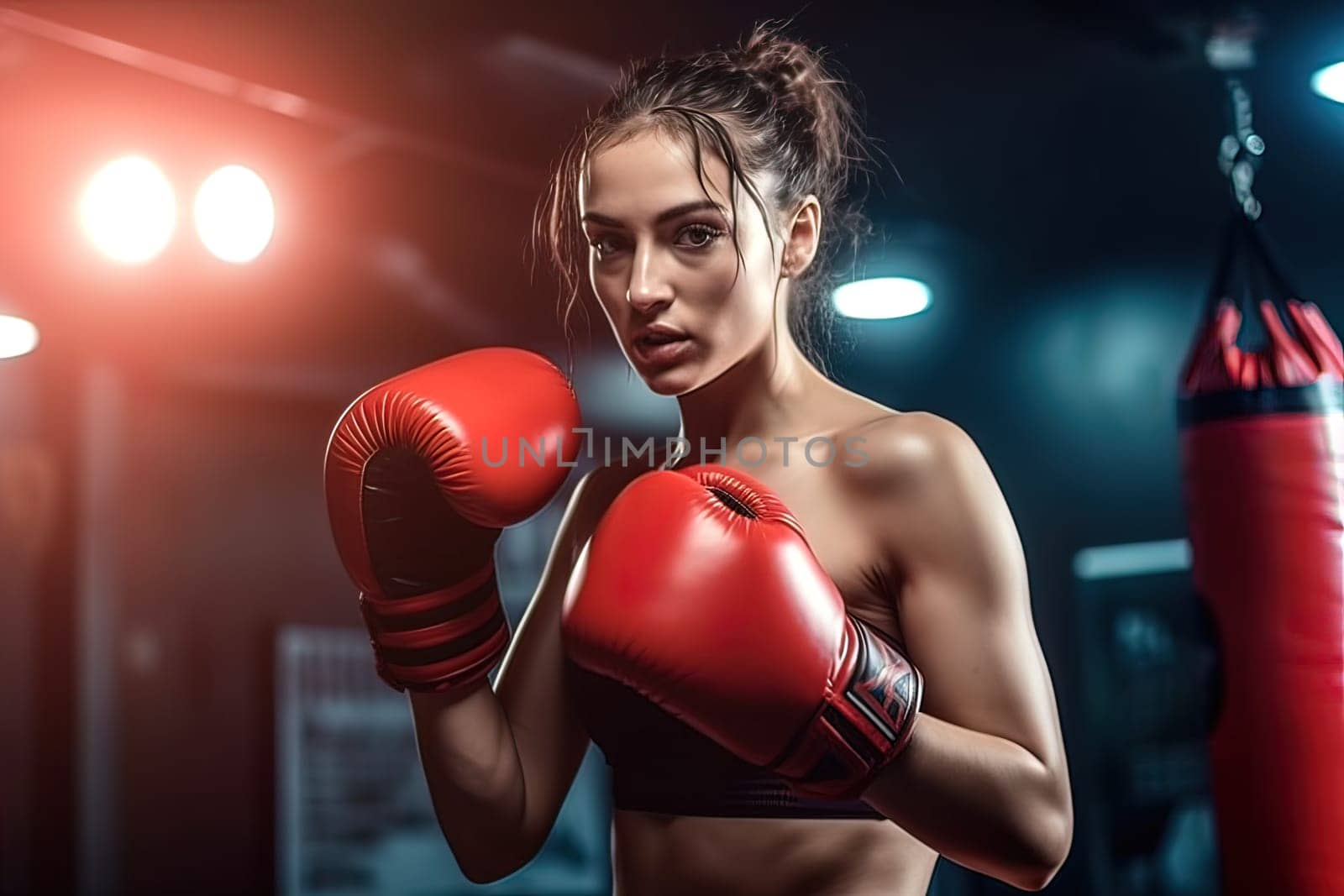 Girl boxer trains in the boxing gym. Generative AI. High quality illustration