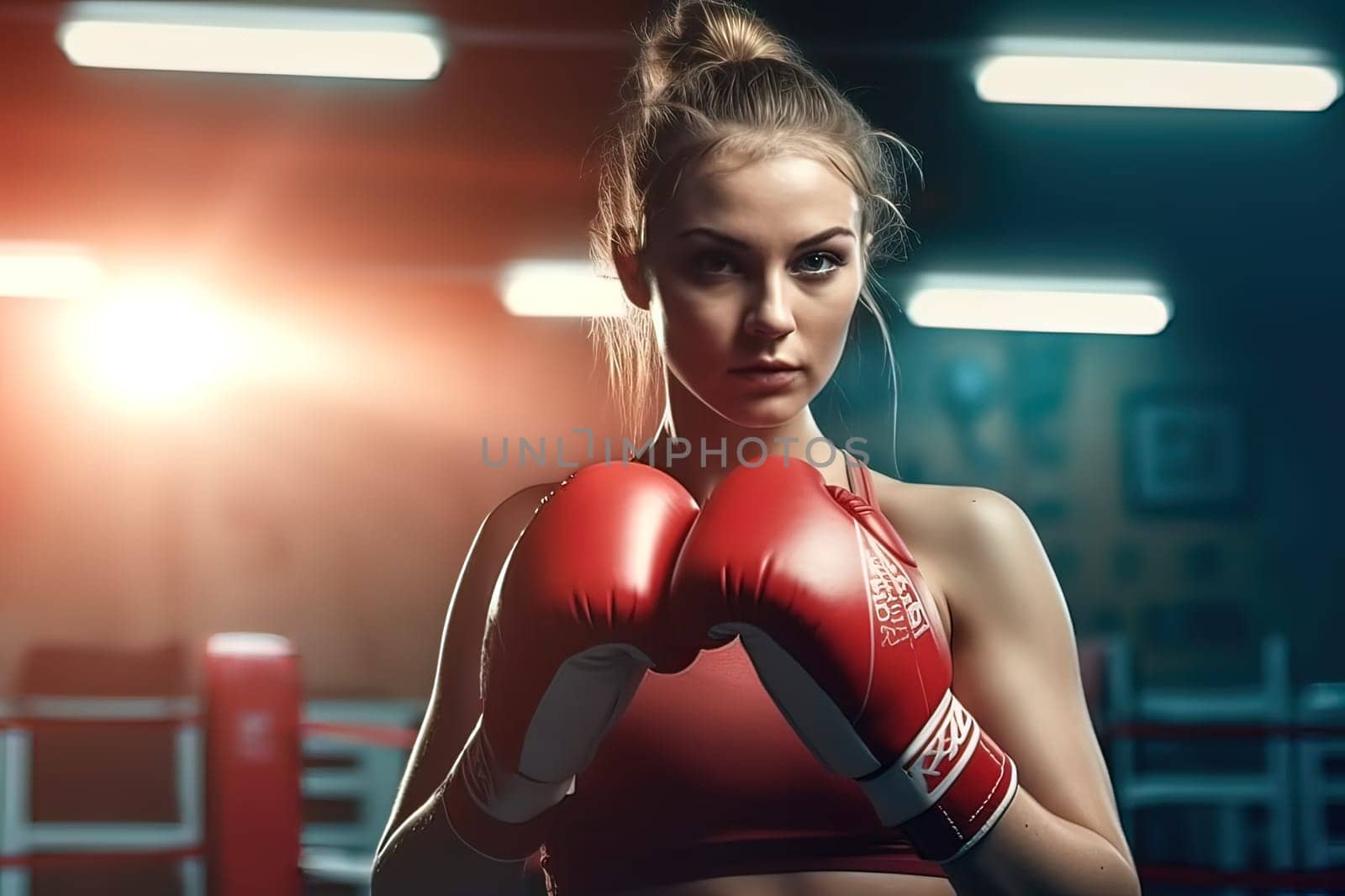 Girl boxer trains in the boxing gym. Generative AI by Yurich32