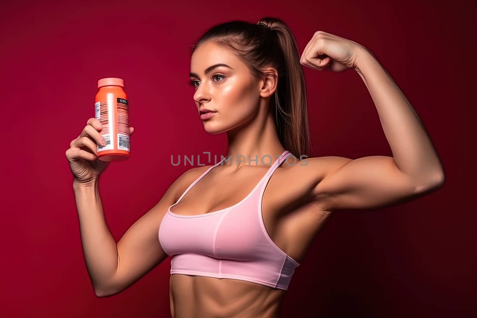Sports girl advertises deodorant. Generative AI. High quality illustration