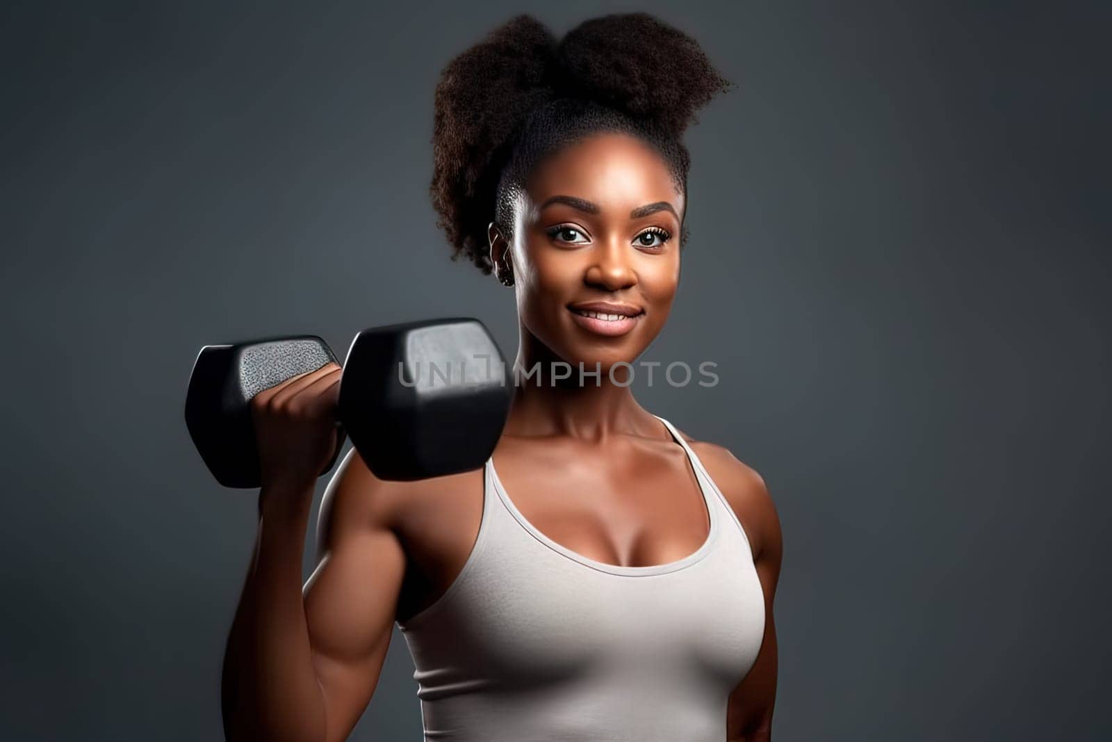 African American woman with dumbbells, studio shot. Generative AI. High quality illustration