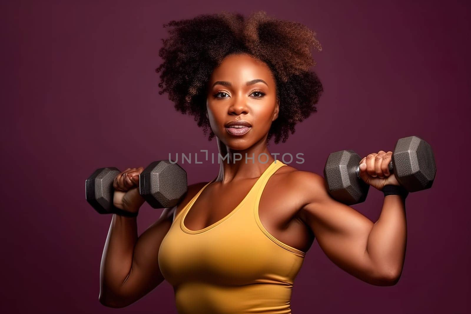 African American woman with dumbbells, studio shot. Generative AI by Yurich32