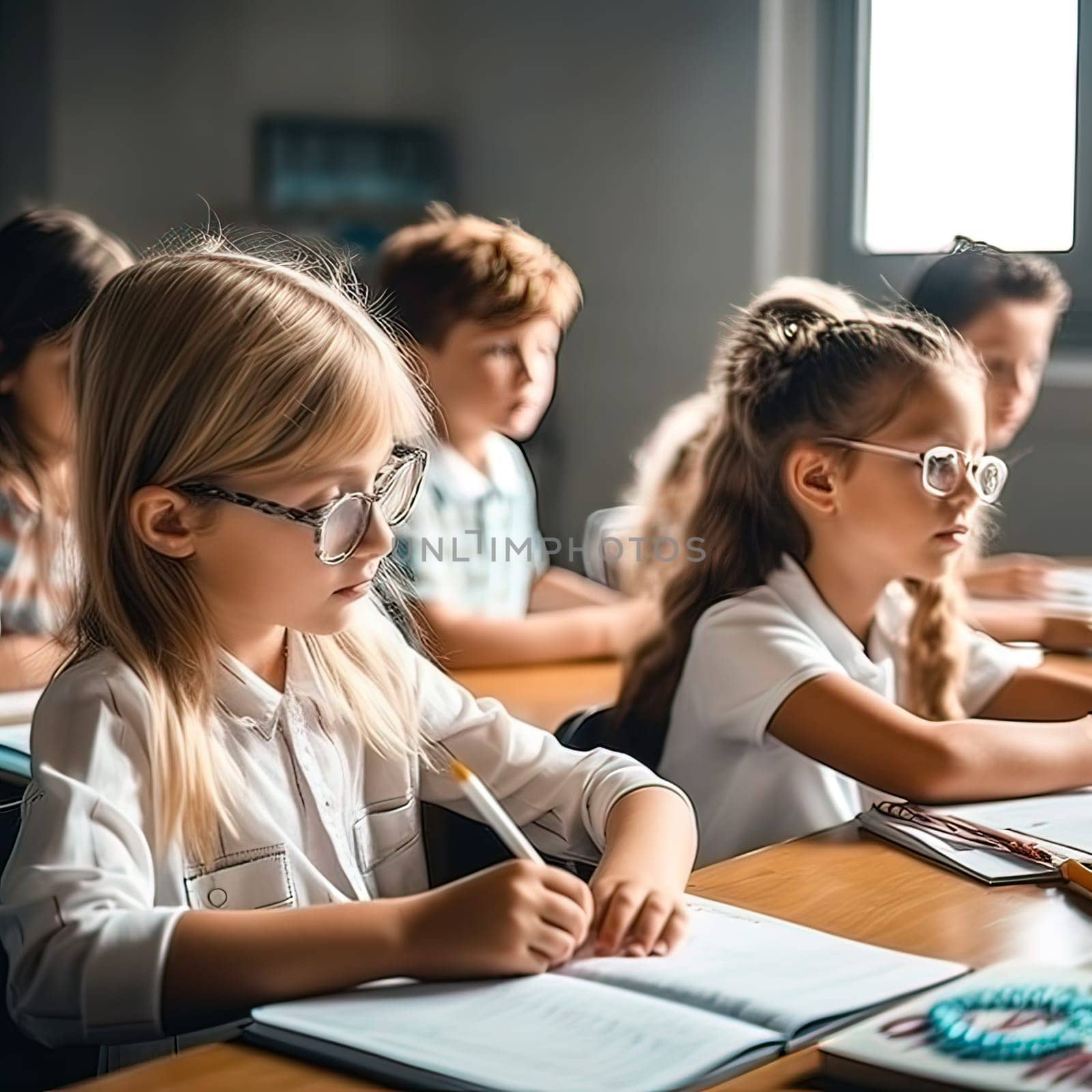 Children sit at their desks at school in the classroom. Generative AI. High quality illustration