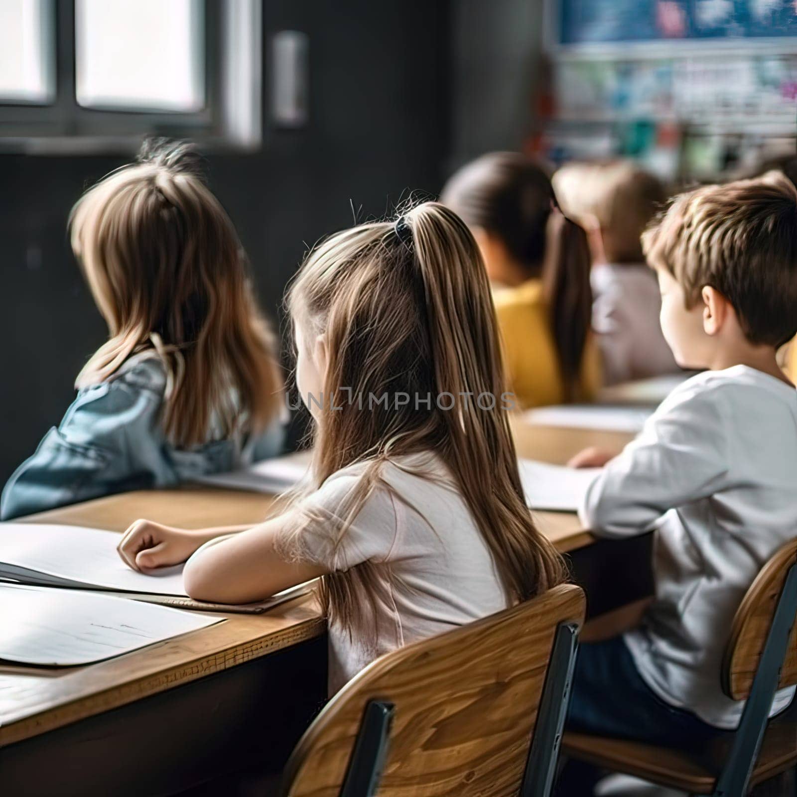 Children sit at their desks at school in the classroom. Generative AI. High quality illustration