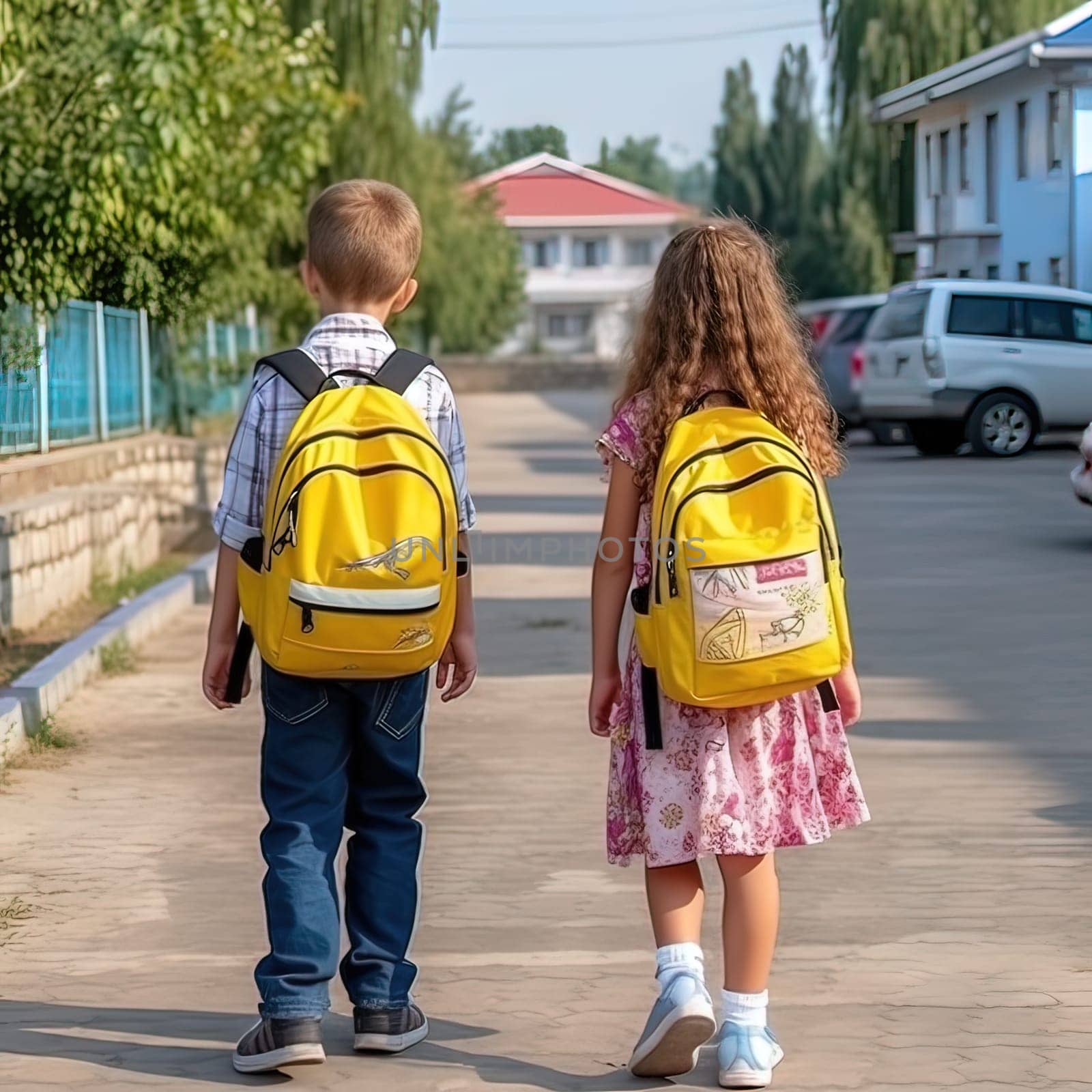 Children with backpacks go to school. Generative AI. High quality illustration