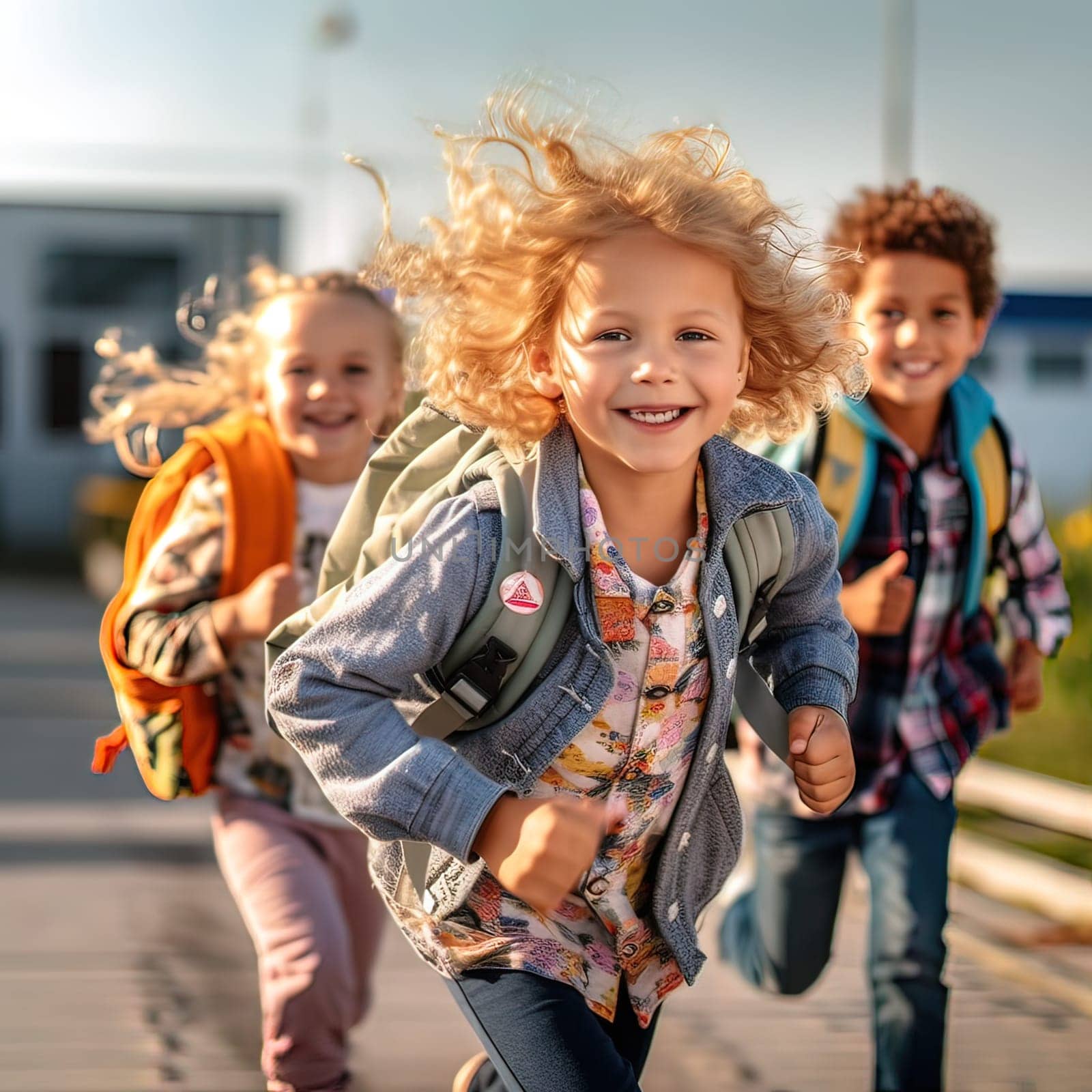 Joyful children with backpacks run to school. Generative AI by Yurich32