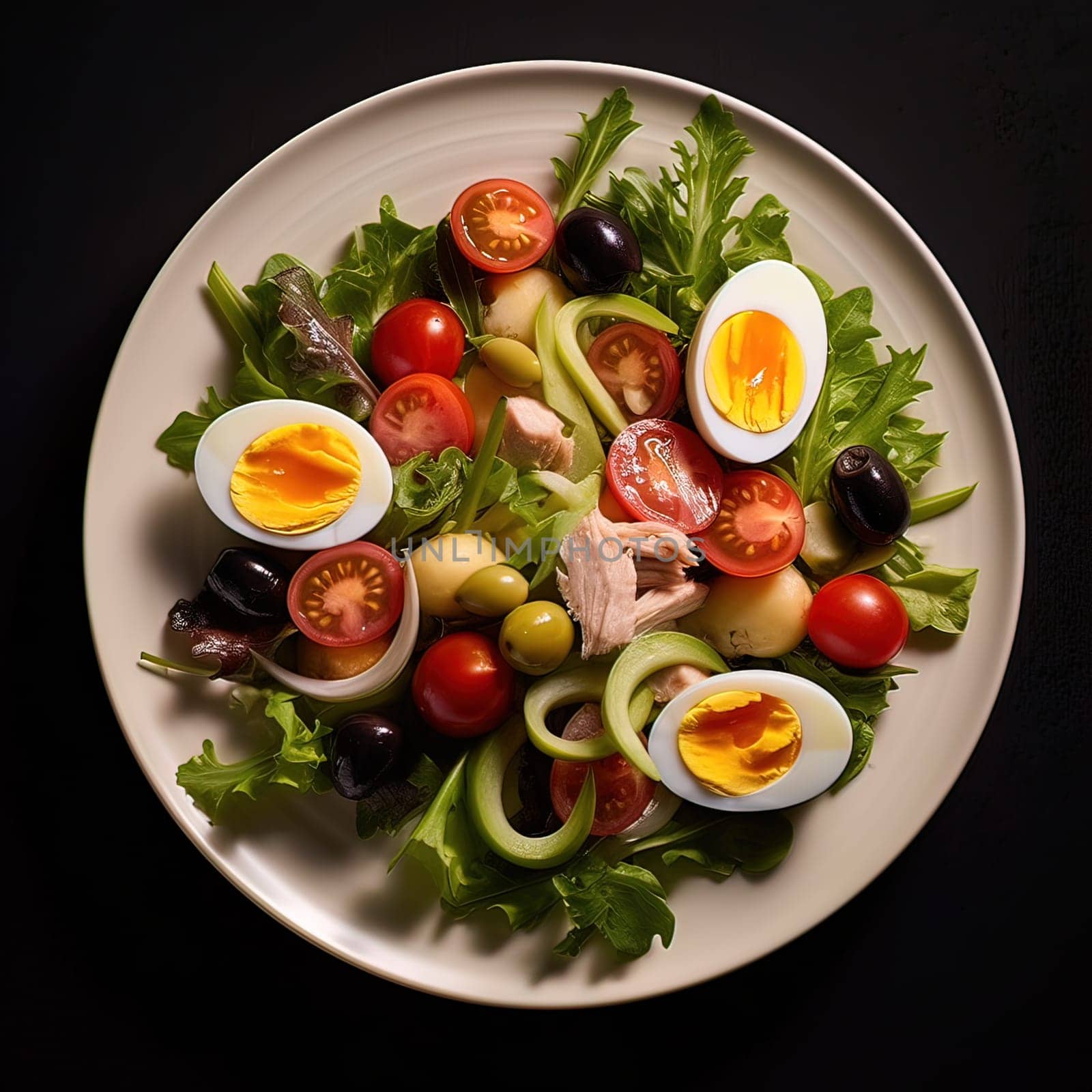 Vegetable salad with eggs. Generative AI. by Yurich32