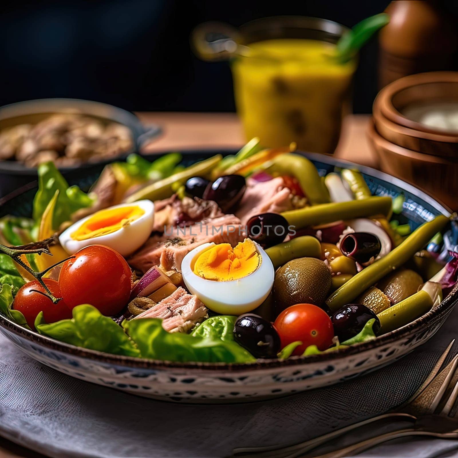 Vegetable salad with eggs. Generative AI. by Yurich32