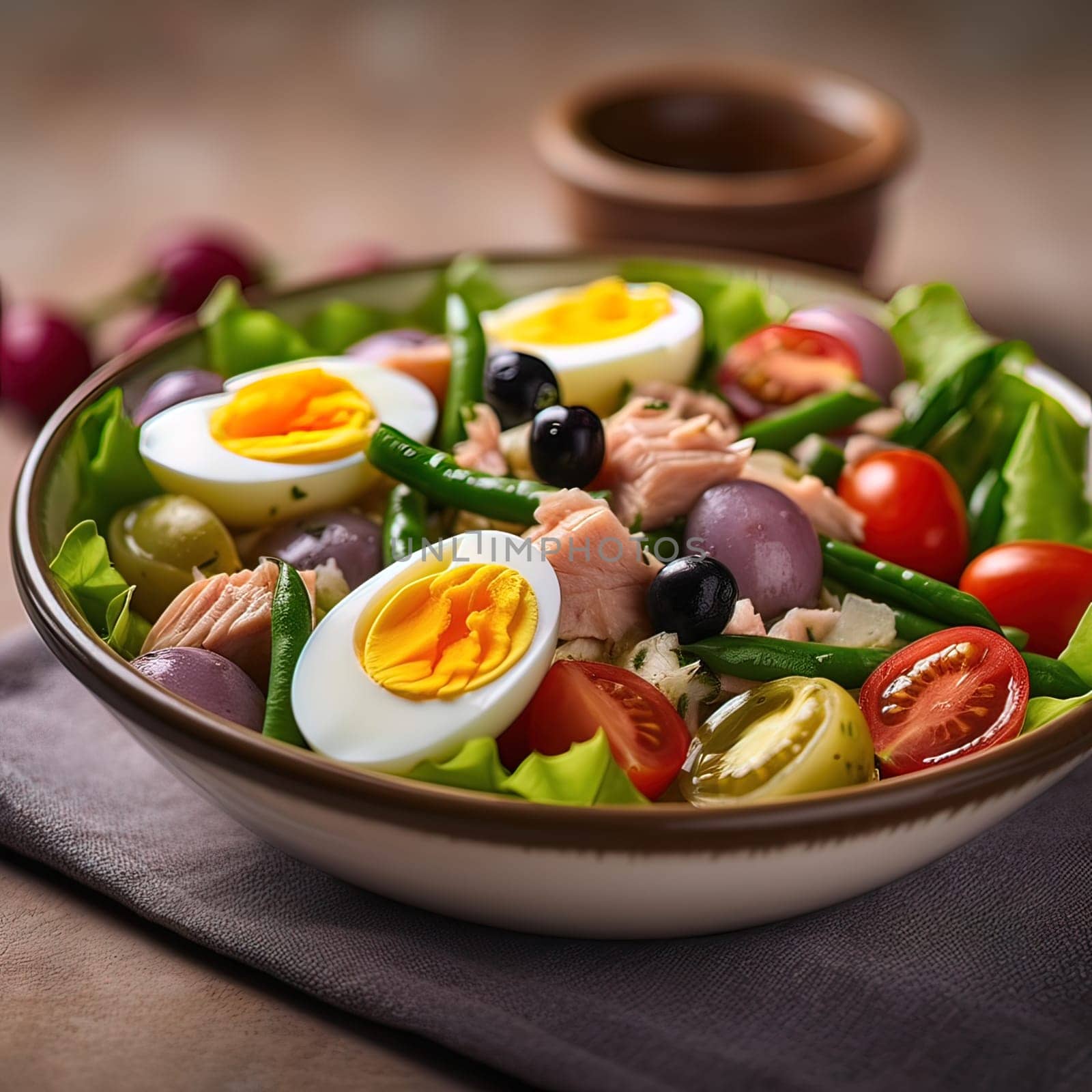 Vegetable salad with eggs. Generative AI. by Yurich32