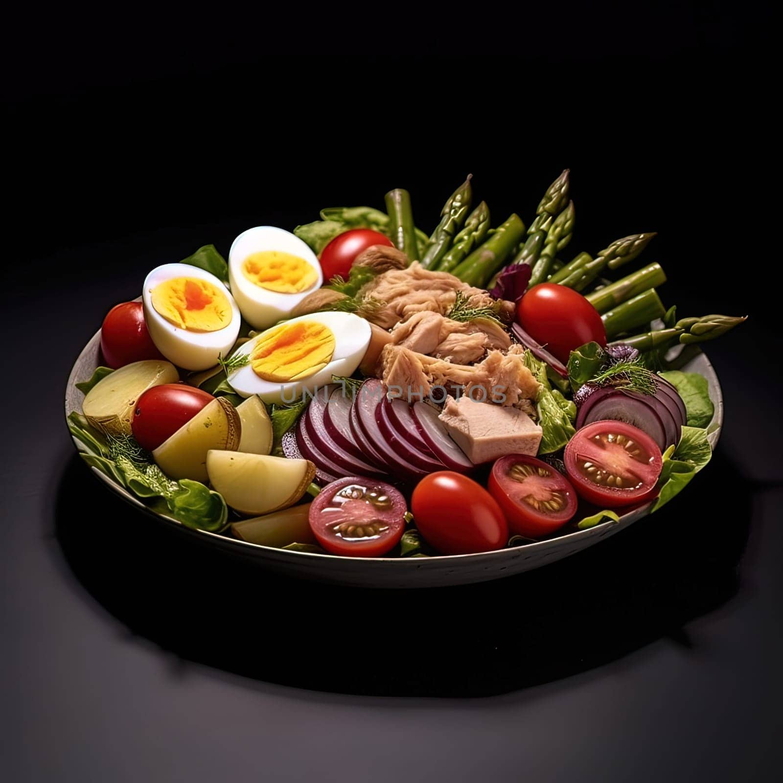 Vegetable salad with eggs. Generative AI. by Yurich32