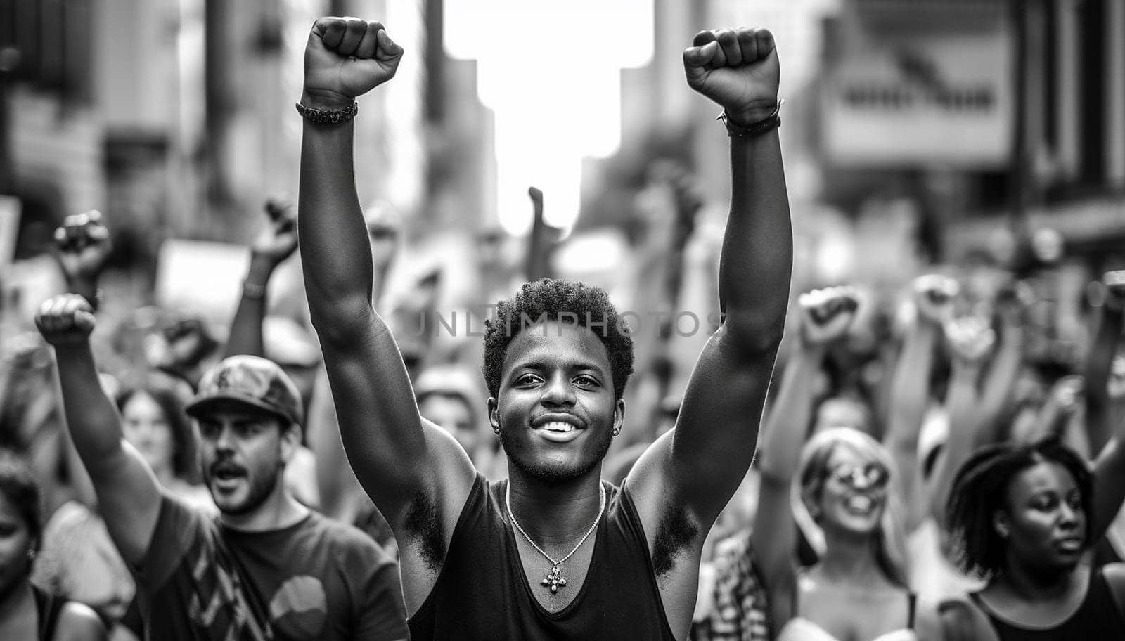 Black lives matter activist movement protesting against racism and fighting for equality Demonstrators from different cultures and race protest on street for justice and equal rights by Annebel146