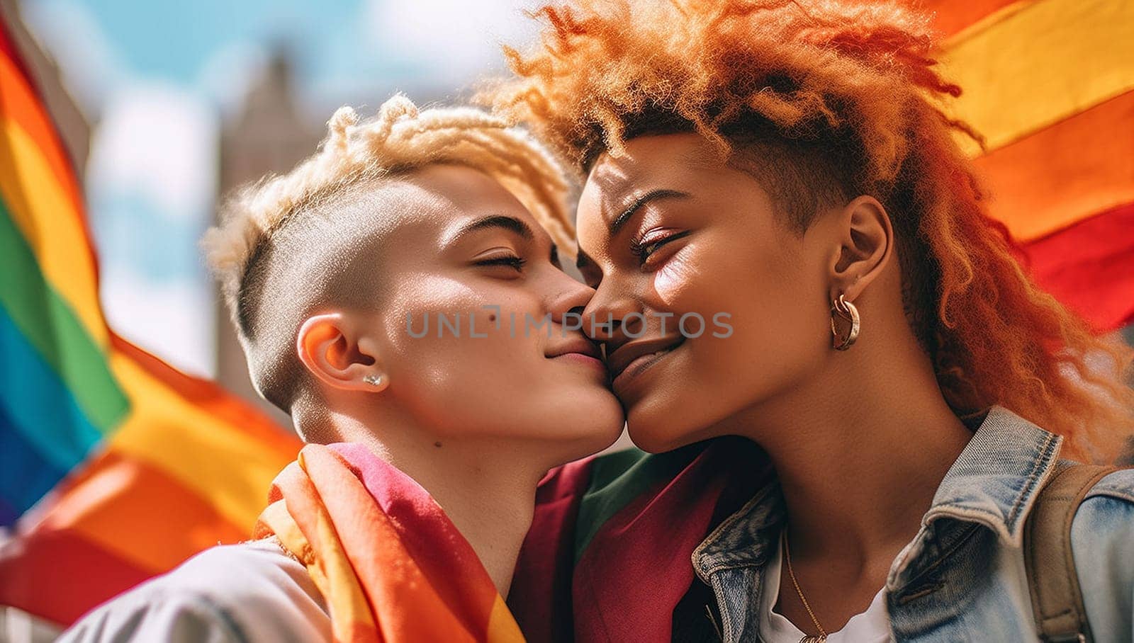 Portrait of young gay,lesbian couple embracing and showing their love with rainbow flag at the street. LGBTQ and love concept. by Annebel146