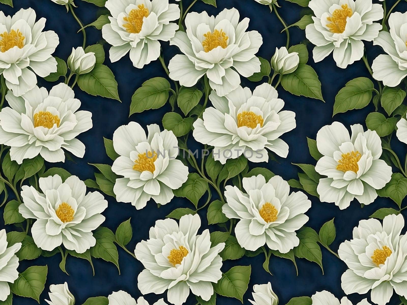Floral Seamless Pattern of White Garden Flowers and Green Leaves on Dark Blue Backdrop. Wallpaper Design for Textiles, Interior, Clothes, Invitations, Postcards, Greetings, Covers. AI Generated