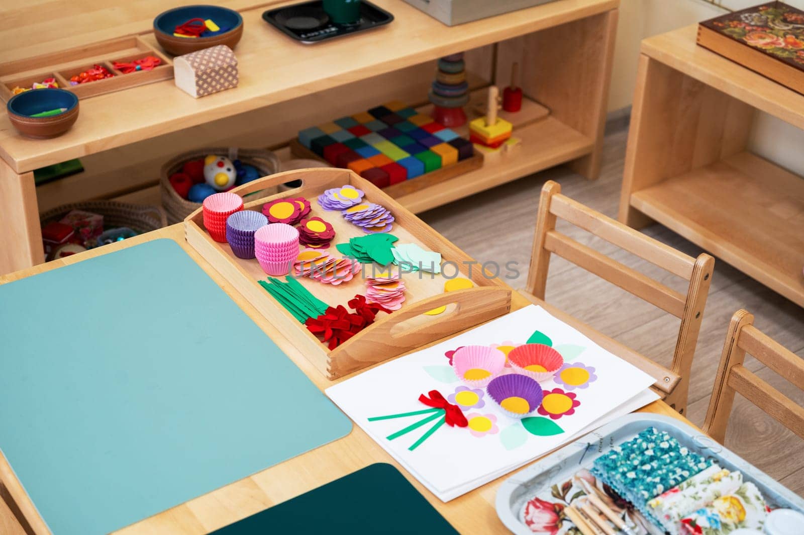Classroom of Montessori kindergarten. The colorful Montessori material. Concept of children learning toy