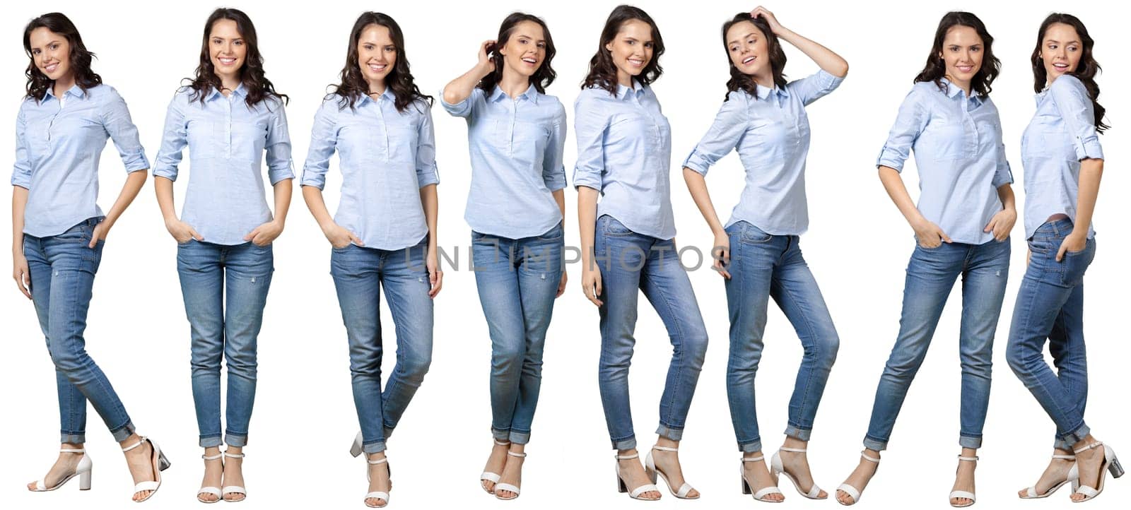 Collage of young woman. Isolated on white background